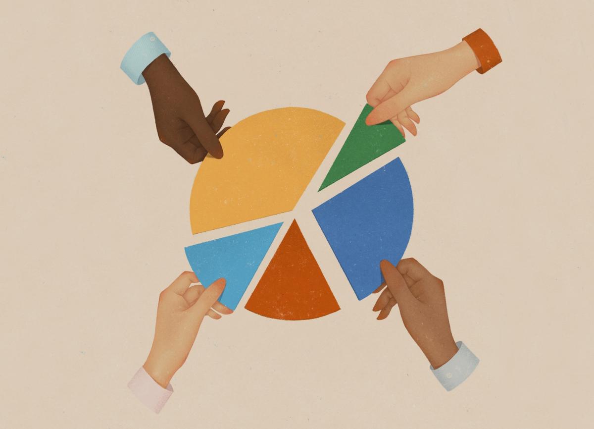 Colorful pie chart cartoon with hands grabbing various pieces.