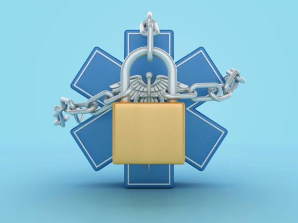 Blue medical symbol depicted with a lock and chains around it.