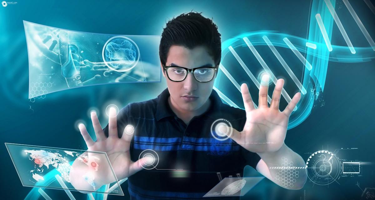 Man touches holographic screen like a serious mime.